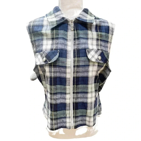 Vintage 90s Collin Creek Silk-Cotton Plaid Zip Front Sleeveless Shirt Vest - Picture 6 of 12